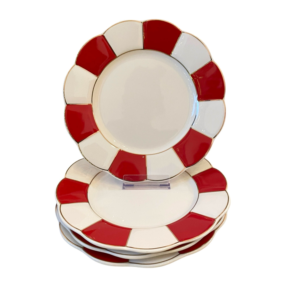 Grace Teaware Porcelain Dinner Plates 11in Red White Stripe Gold Trim Set 4 New